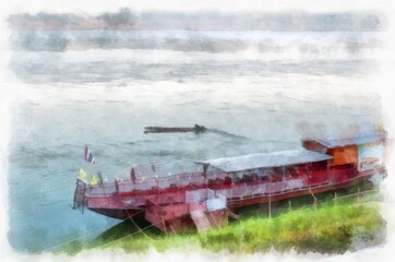 Mekong river landscape of Thailand watercolor style illustration impressionist painting.