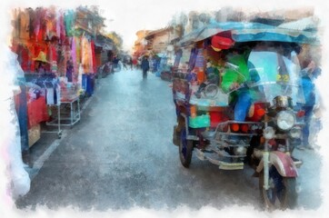 People and lifestyle activities in the morning of rural Thailand watercolor style illustration impressionist painting.