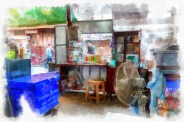 People and lifestyle activities in the morning of rural Thailand watercolor style illustration impressionist painting.