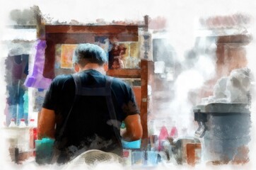 People and lifestyle activities in the morning of rural Thailand watercolor style illustration impressionist painting.