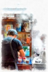 Obraz premium People and lifestyle activities in the morning of rural Thailand watercolor style illustration impressionist painting.