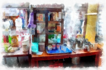 Antique coffee shop in the provinces of Thailand watercolor style illustration impressionist painting.