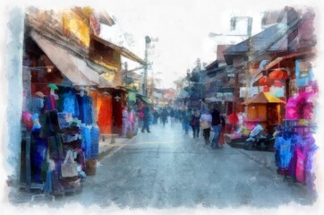 Fototapeta na wymiar Street landscape in a commercial area of rural Thailand watercolor style illustration impressionist painting.