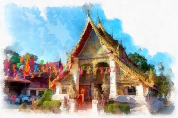 Fototapeta na wymiar Ancient temples in the northeastern provinces of Thailand watercolor style illustration impressionist painting.