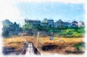 Fototapeta premium Mekong river landscape of Thailand watercolor style illustration impressionist painting.