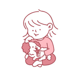 Cute Cartoon Happy Little Girl And Dog. Vector illustration isolated on background.