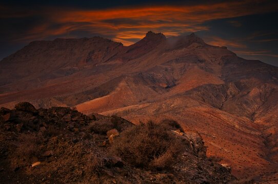 Mountain landscape at sunset, Pajara, Fuerteventura, Canary Islands, Spain