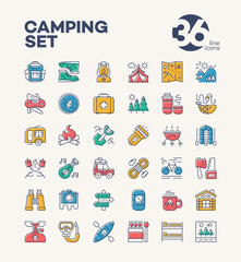 Camping and hiking icons set color style consisting of camp and travel equipment for explore emblem, hiking sticker, expedition label, tourist symbol, travel badge, climbing, poster, banner.