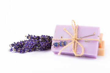 Handmade soap with lavender isolated on white background.Lavender spa. Lavender flowers and...