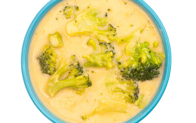 Bowl of Cheddar Cheese and Broccoli Soup Isolated on a White Background