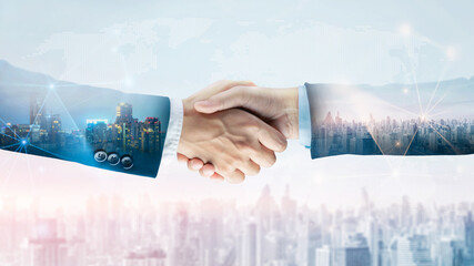 Successful businessman handshake startup new project at city skyline background, Double exposure of...