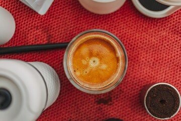 Obraz na płótnie Canvas Top view espresso coffee from french press and grinder machine concept of slow bar.