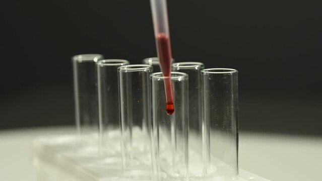 Close-up of a laboratory assistant dripping blood from a pipette into a test tube. 