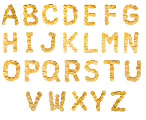 Alphabet from potato crispy chips isolated on white background. Design element. Food lettering. Potato chips letter.