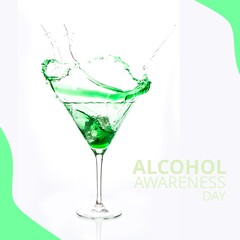 Composition of alcohol awareness day text with drink on white background