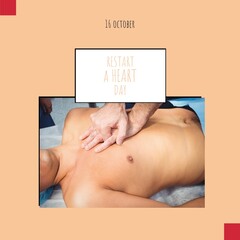 Composition of 16 october and restart a heart day texts with people doing cpr on orange background