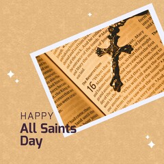 Composition of happy all saints day text with rosary over beige background