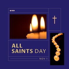 Composition of all saints day and nov 1 texts with candles over blue background