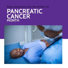 Composition of support pancreatic cancer awareness month text with diverse doctor and patient