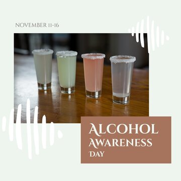 Image of alcohol awareness day over glasses with drinks