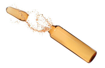 Open glass ampoule with pharmaceutical product on white background