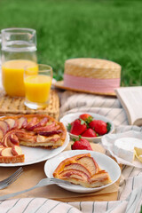 Apple pie and different products on blanket outdoors. Summer picnic