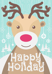 Christmas greeting card with cute deer and sign happy holiday on green holiday background with snowflake and christmas toy flat color style. Cartoon illustration. Vector Illustration