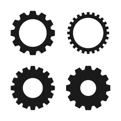 Gear setting vector icon set. Isolated black gears mechanism and cog wheel on white background. Progress or construction concept. Cogwheel icons. Vector illustration