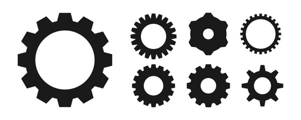 Gear setting vector icon set. Isolated black gears mechanism and cog wheel on white background. Progress or construction concept. Cogwheel icons. Vector illustration