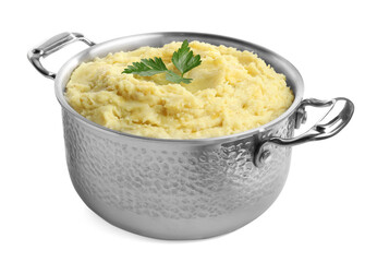 Pot of tasty mashed potatoes with parsley isolated on white