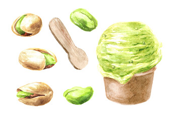 Pistachio ice cream set. Hand drawn watercolor illustration, isolated on white background