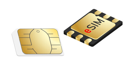 Gold esim and sim card 6g. Isometric vector illustration of a smartphone network embedded chip. New mobile phone connect technology of the future. - obrazy, fototapety, plakaty