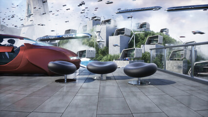 Futuristic city. flying car traffic. megapolice. Future concept. 3d rendering.