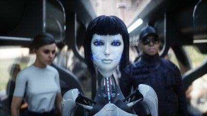 Female robot in flying futuristic train. Futuristic city. flying car traffic. megapolice. Future concept. 3d rendering.