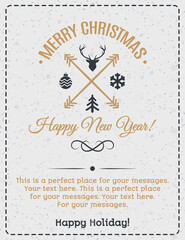 Christmas greeting card gold color with vintage label consisting of deer, snowflake, tree and ball and wish Merry Christmas Happy New Year on snow holiday background. Christmas decoration element