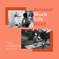 Composition of national work life week text with diverse people working using laptop and doing yoga