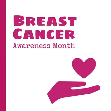 Composition of breast cancer awareness month text with hand holding heart on pink background