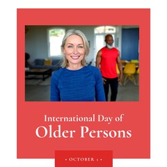 Image of international day of older person over happy caucasian senior woman