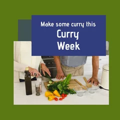 Fotobehang Image of curry week over midsectoin of biracial couple cooking in kitchen © vectorfusionart