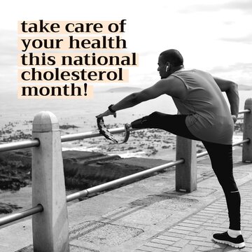 Composition of national cholesterol month text with disabled african american man exercising