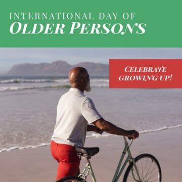 Image Of International Day Of Older Persons Over Senior African American Man With Bike On Beach