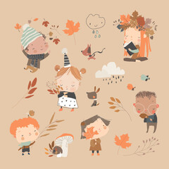 Set of Happy Cartoon Kids enjoying Autumn
