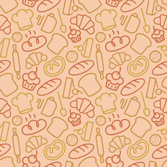 Bakery seamless pattern consisting of baking accessories and food line style different color for use decoration identity loaf store, coffee shop, food market, cafe etc. Vector Illustration