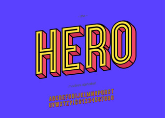 Hero alphabet 3d bold trendy typography colorful style for decoration, logo, party poster, t shirt, book, card, sale banner, printing on fabric, stamp. Cool font. Modern typeface. Vector 10 eps