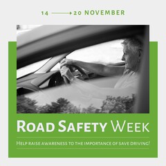 Composition of road safety week text over caucasian woman in car