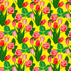 Fototapeta premium Vector - flower bouquet seamless pattern, roses and tulips illustration.