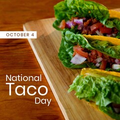 Digital composite image of tacos served on table with national taco day text