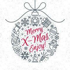 Christmas greeting card with ball consisting sign Merry X mas enjoy and holiday icons - santa, gift, snowflake, snowman, candle, wreath, sock on snow holiday background. Vector Illustration