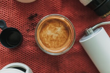 Espresso coffee with french press coffee maker and grinder equipments.