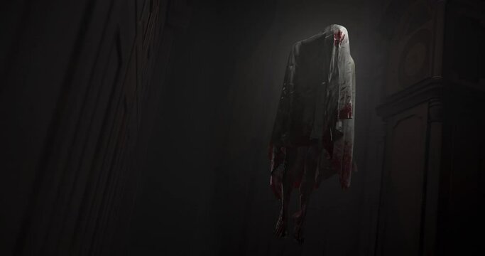 Animation of moving ghost and buildings on black background